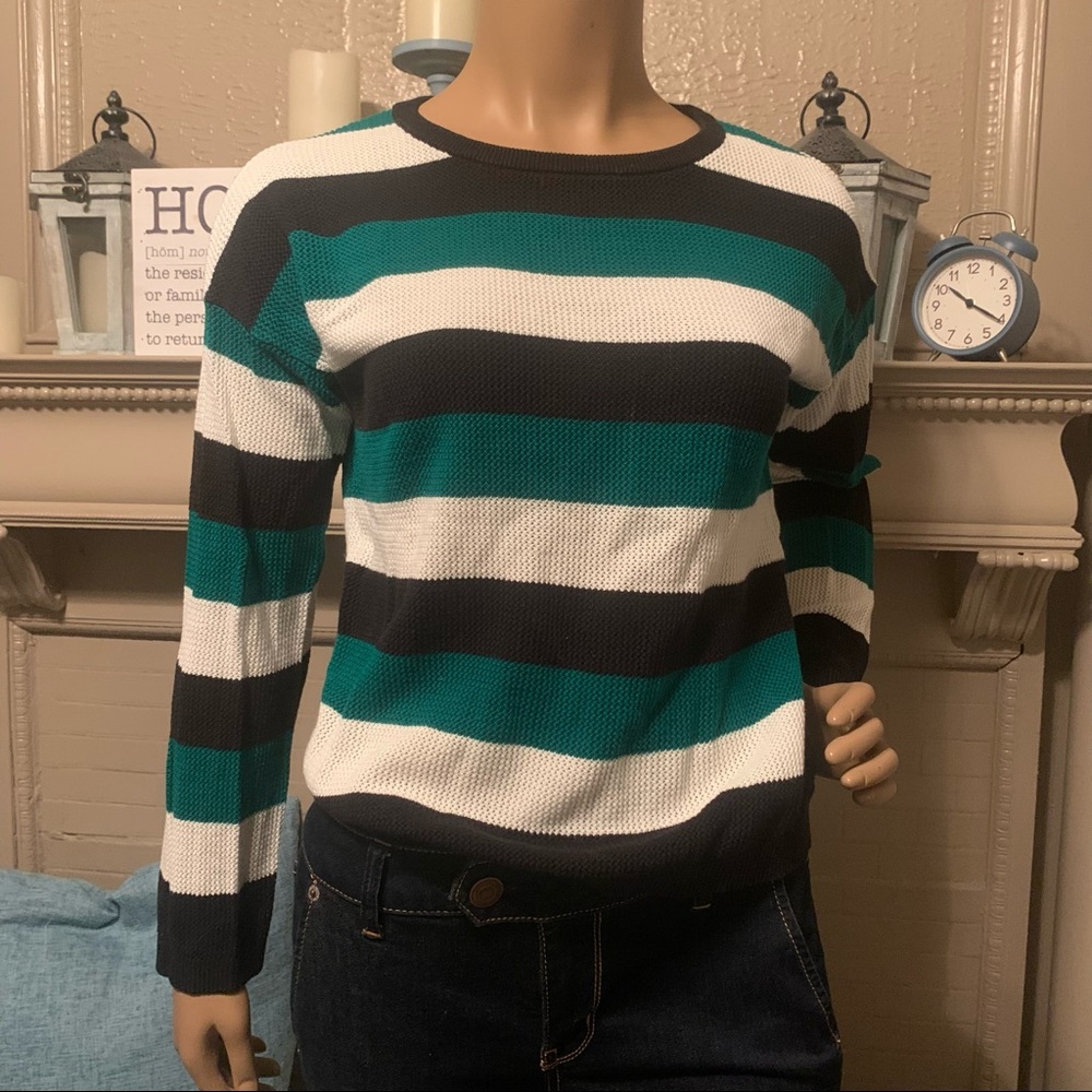White, Green, Black Stripe Textured Sweater